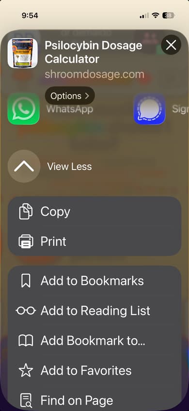 Safari share sheet open showing list of actions