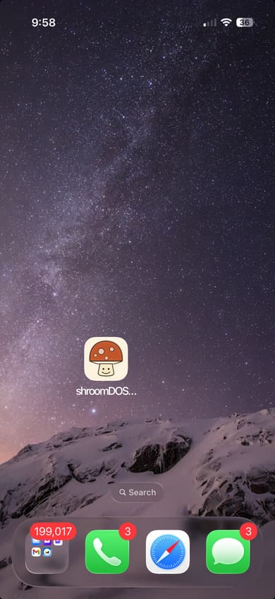 iPhone home screen showing shroomDOSAGE app icon